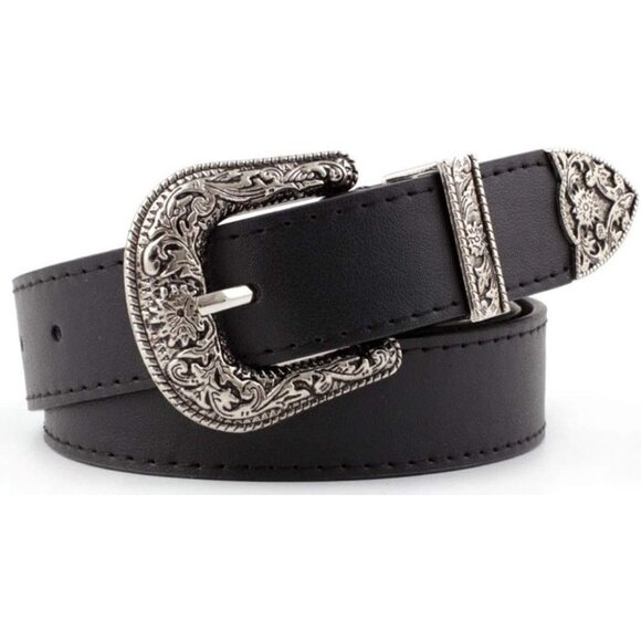 Women Black -Vintage-Western-Cowboy-Belt -Style Engraved-Buckle Belt for Jeans - Picture 1 of 9